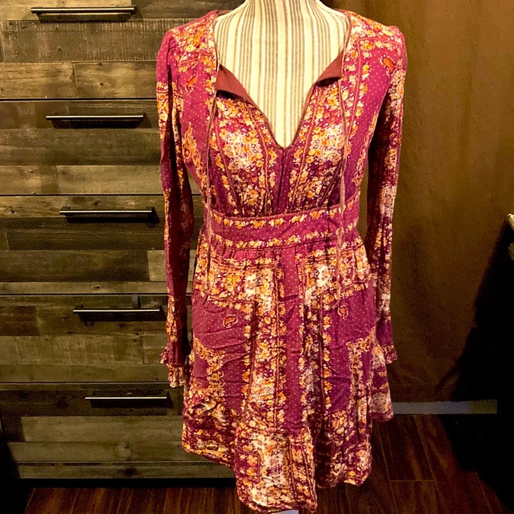 Free People BOHO/Gypsy Style Floral Plum Color Dress-Velvet Trim, Size Small